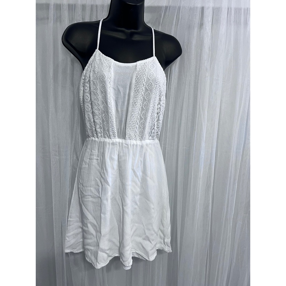 Charlotte Russel White Crochet Lace Halter Mini Dress Boho Gauze Sun Dress Small